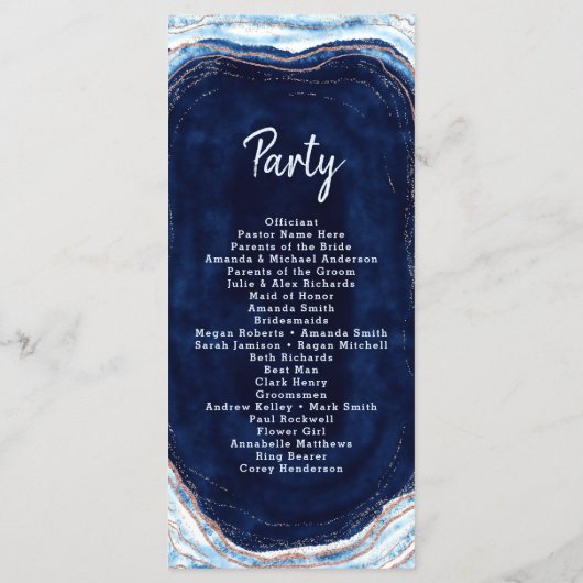 Sapphire Blue Rose Gold Geode Wedding Zeremonie Programm (Rückseite)