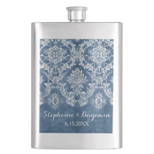 Sapphire Blue Rustic Damask Muster Hochzeit Flachmann