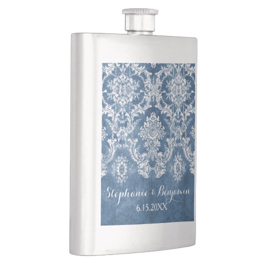 Sapphire Blue Rustic Damask Muster Hochzeit Flachmann (Rechts)