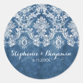 Sapphire Blue Rustic Damask Muster Hochzeit Runder Aufkleber (Vorderseite)