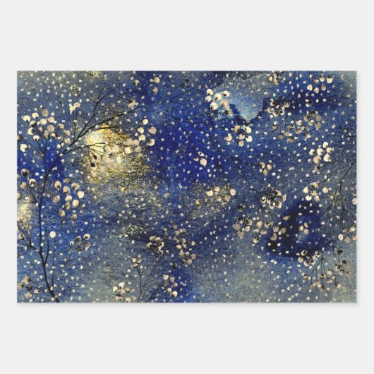 Sapphire Blue Winter Dusk Sky Gold Snowfall Geschenkpapier Set (Vorderseite 2)