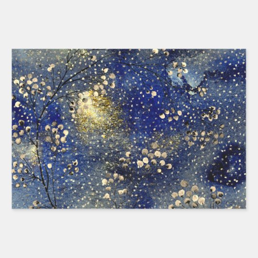 Sapphire Blue Winter Dusk Sky Gold Snowfall Geschenkpapier Set (Vorderseite)