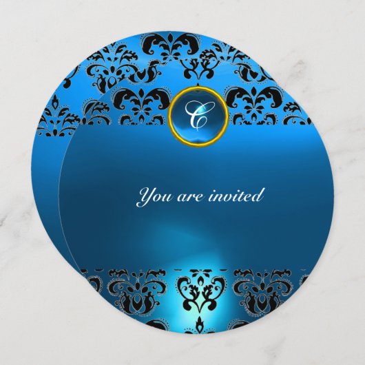 SAPPHIRE DAMASK GEM STONE MONOGRAMM schwarz blau Einladung (Vorne/Hinten)