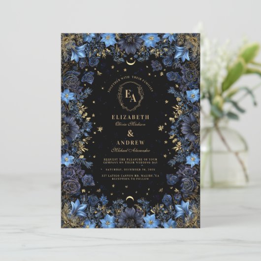 Sapphire Floral Celestial Wedding Einladung (Stehend Vorderseite)