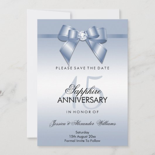 Sapphire Gem Bow & Ribbon 45 Jahre Hochzeit Save The Date (Vorderseite)