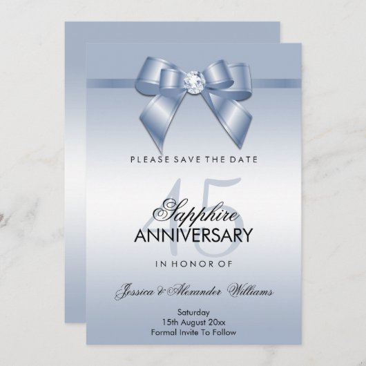 Sapphire Gem Bow & Ribbon 45 Jahre Hochzeit Save The Date (Vorne/Hinten)