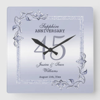 Sapphire Gem & Glitzer 45. Hochzeitstag Quadratische Wanduhr