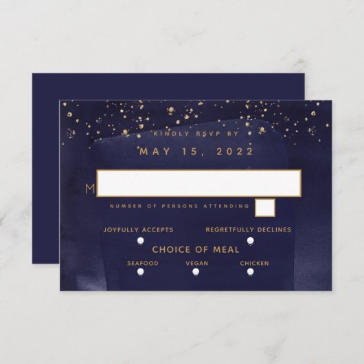 Sapphire & Gold Wedding 3 Meal Choice UAWG RSVP Karte (Vorne/Hinten)