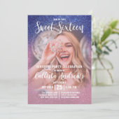 Sapphire Pink Triple Glitzer Ombre Foto Sweet 16 Einladung (Stehend Vorderseite)