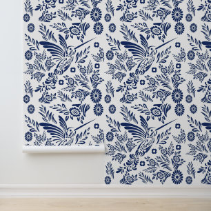Sapphire White Hummingbird Mexican Talavera Mosaic Tapete