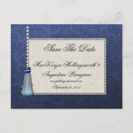 Sapphires Diamonds Blue Tassel auf Damask Gerettet Ankündigungspostkarte (Vorderseite)