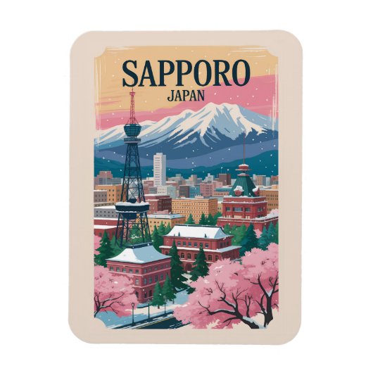 Sapporo Japan Illustration Travel Art Vintage Magnet (Vertikal)