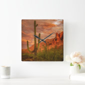 Saquaro Cactus Superstition Mountain Sunset Quadratische Wanduhr (Zuhause)