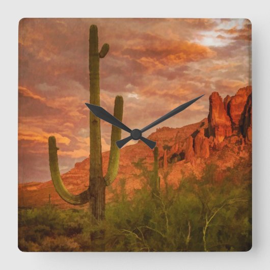 Saquaro Cactus Superstition Mountain Sunset Quadratische Wanduhr (Vorderseite)