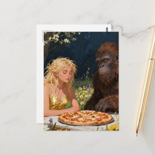 Saquatch und Feen-Pizza-Party Postkarte (Vorderseite/Rückseite Beispiel)