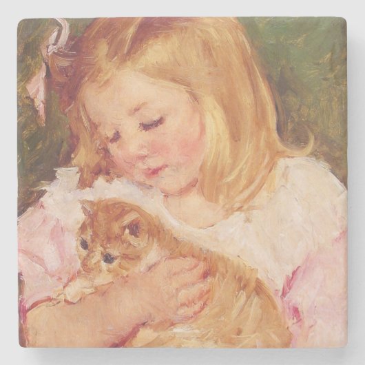 Sara Holding a Cat (von Mary Cassatt) Steinuntersetzer (Vorderseite)