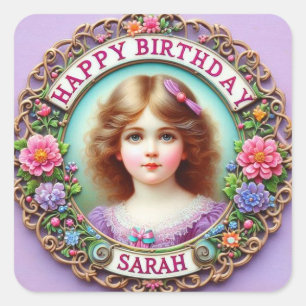 SARAH ~ HERZLICHEN GEBURTSTAG ~ Vintage Mädchen ~ Quadratischer Aufkleber