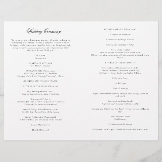 Sarah Katholic Wedding Mass Zeremony Program (Rückseite)