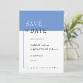 SARAH Modern Blue Minimalistisch Save the Date Car (Stehend Vorderseite)
