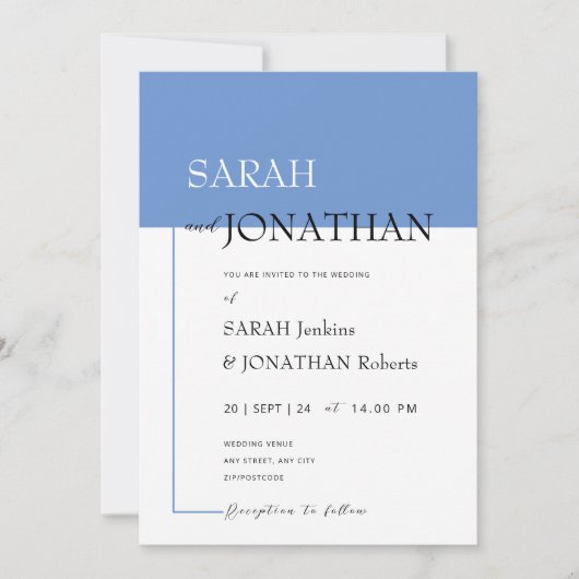SARAH Modern Blue Minimalistisch Wedding Einladung (Vorderseite)
