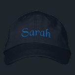 Sarah Personalisiert Name bestickte Baseballkappe<br><div class="desc">Sarah Name auf individualisierbaren bestickten Baseball-Cap / Baseball-Hut in blau,  von 369MyName. Unsere personalisierten Produkte sind so konzipiert,  dass Sie den Text leicht ändern können. Geben Sie einfach Ihren Namen oder Text ein. (Verwenden Sie das Entwurfstool,  wenn Sie die Textgröße,  Farbe oder den Stil ändern möchten.)</div>