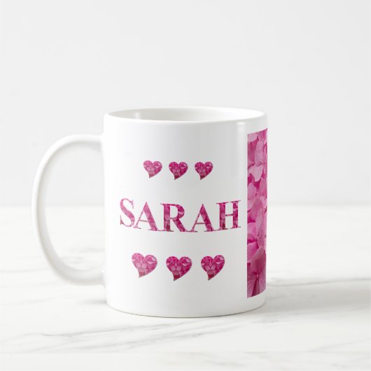 "Sarah" Pink Hydrangea Blumenbriefe, Niedliche Her Kaffeetasse (Links)