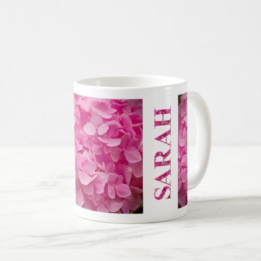"Sarah" Rosa Spring Hydrangea Blumenschrift Art Kaffeetasse (VorderseiteRechts)