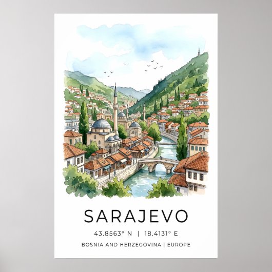 Sarajevo Watercolor Print, Cityscape with Mosque Poster (Vorne)