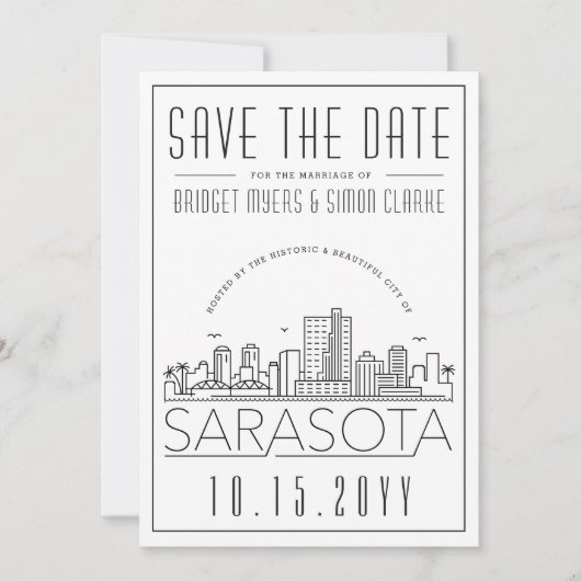 Sarasota Wedding | Stilisierte Skyline Save the Da Einladung (Vorderseite)