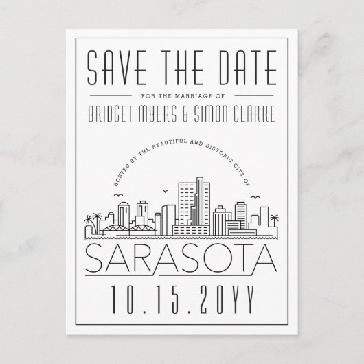 Sarasota Wedding | Stilisierte Skyline Save the Da Postkarte (Vorderseite)