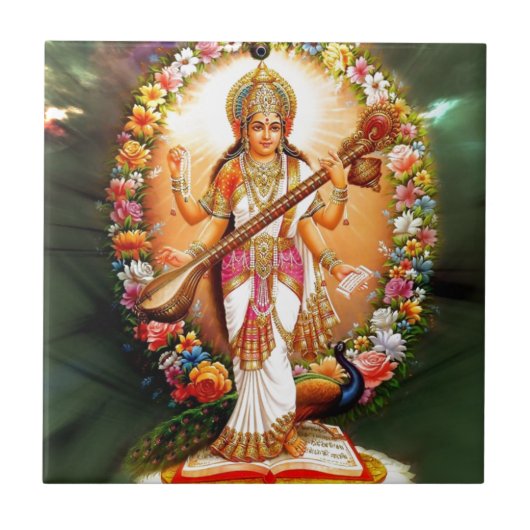 Saraswati mit Blumen Fliese (Vorderseite)