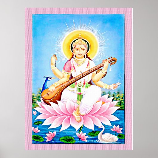 Saraswati sitzt auf einer Lotusblüte Poster (Vorne)