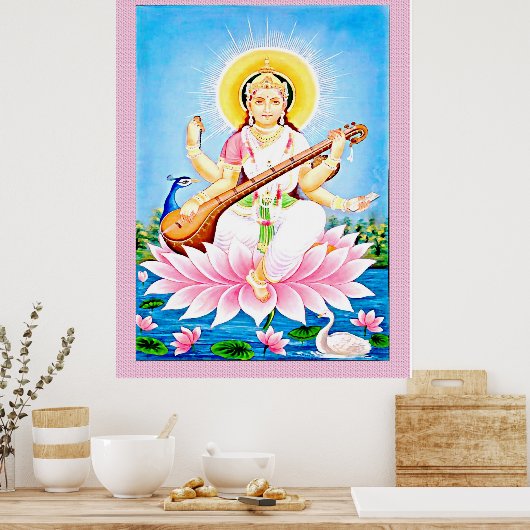 Saraswati sitzt auf einer Lotusblüte Poster (Küche)