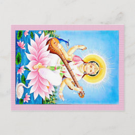 Saraswati sitzt auf Pink Lotus Postkarte