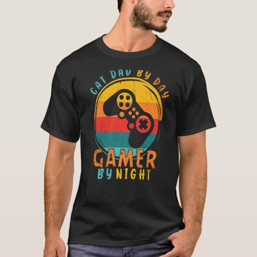 Sarcastic Cat Vater by Day Gamer By Night Gamer Va T-Shirt (Vorderseite)