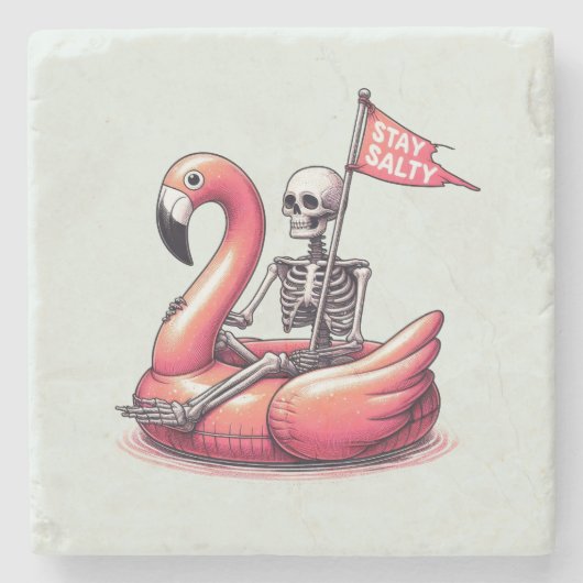 Sarcastic Skeleton über Flamingo - Bleibe Salty Steinuntersetzer (Vorderseite)