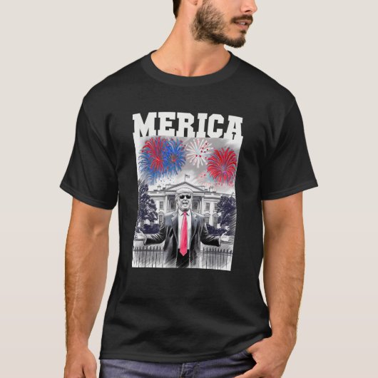 Sarcastic TRUMP 4. Juli MERICA FIREWORKS Patri T-Shirt (Vorderseite)