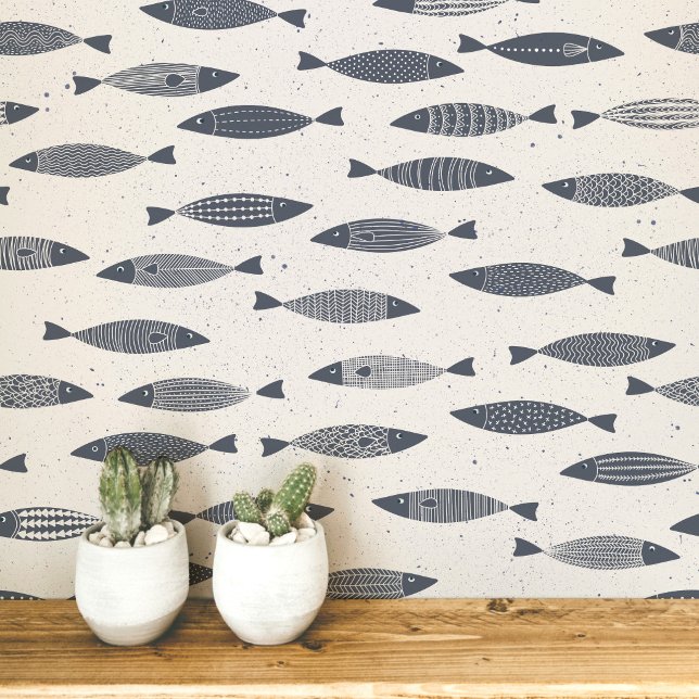 Sardine Fish Indigo Blue Cream Tapete (Fun coastal sardines fish wallpaper in indigo blue and cream)