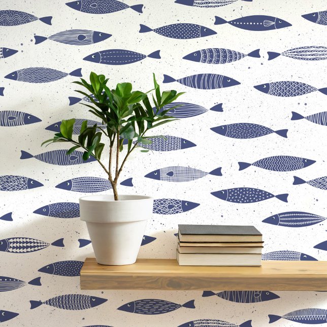 Sardine Fish Navy Blue White Coast Tapete (Fun coastal sardines fish wallpaper in navy blue and white)