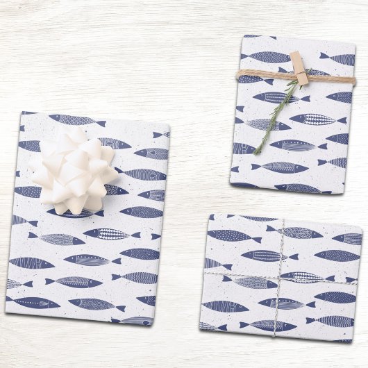 Sardine Fish Navy Blue White Coastal Geschenkpapier Set