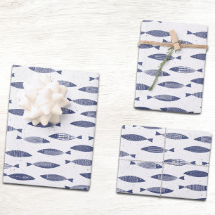 Sardinen Fisch Navy Blau Weiß Küstenstil Geschenkpapier Set