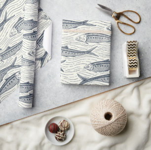 Sardinen in Bewegung in navyblau und elfenbein Geschenkpapier