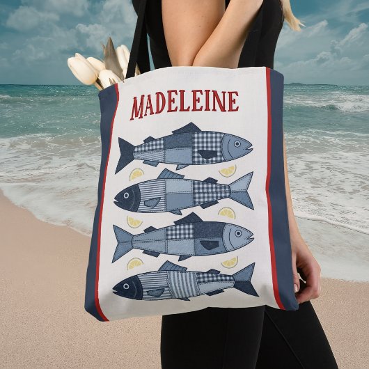 Sardinen Zitronen Patchwork Steppdecke Küste Monog Tasche