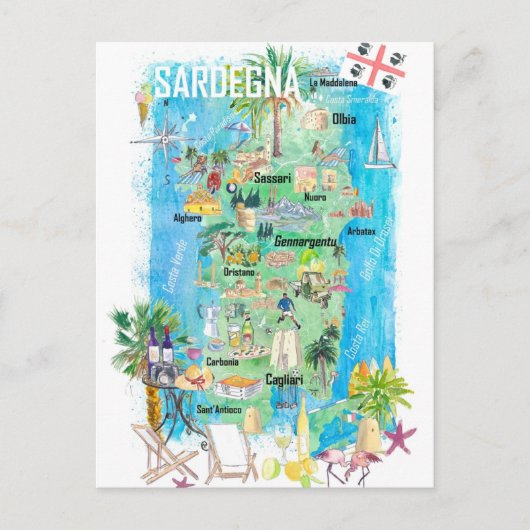 Sardinien Illustrierte Reisekarte Postkarte (Vorderseite)