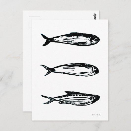 Sardinien und Mackerel Linocut Post Card oder Prin Postkarte (Vorne/Hinten)