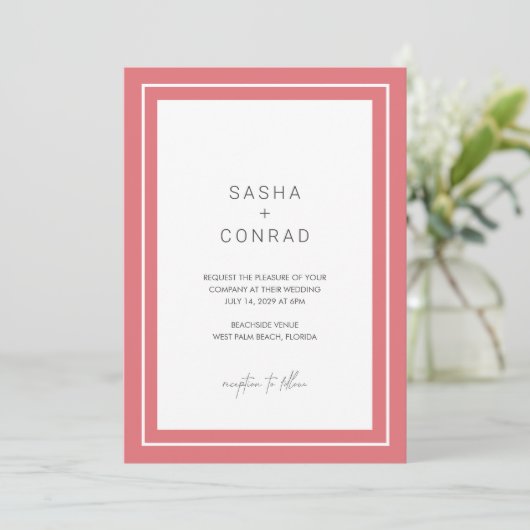 Sasha Coral Modern Wedding Einladung (Stehend Vorderseite)