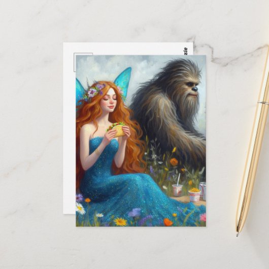 Sashquatch and a Fairy on a Picnic Postkarte (Vorderseite/Rückseite Beispiel)