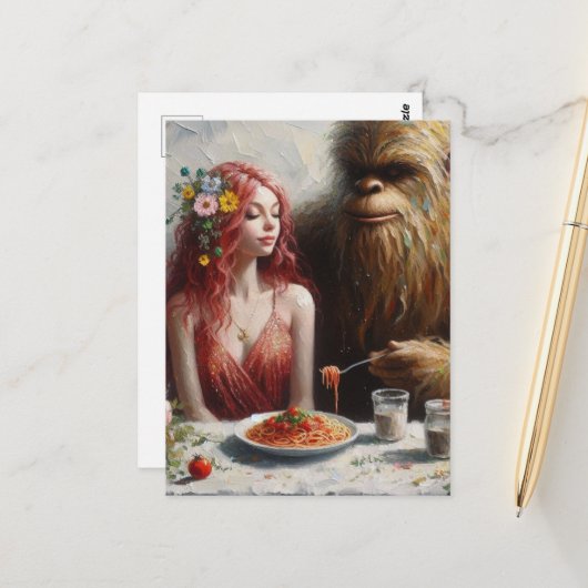 Sashquatch und sein Date zur Spaghetti-Nacht Postkarte (Vorderseite/Rückseite Beispiel)