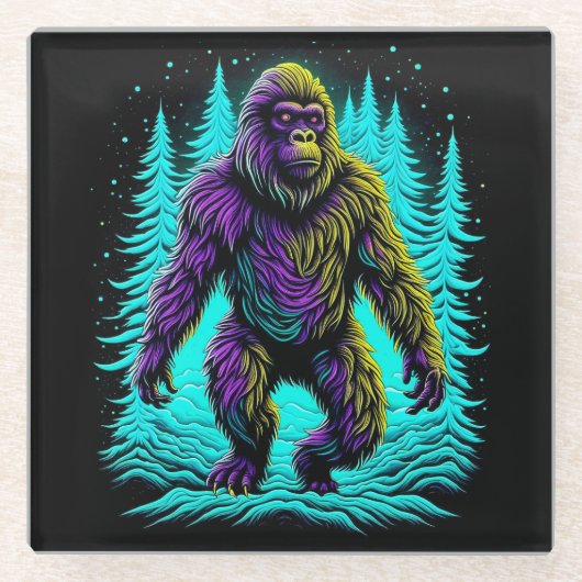 Sasquatch Bigfoot in Aquamarin und schwarz Glasuntersetzer (Vorderseite)