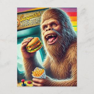 Sasquatch Cheeseburger und Fries Retro Arcade Postkarte